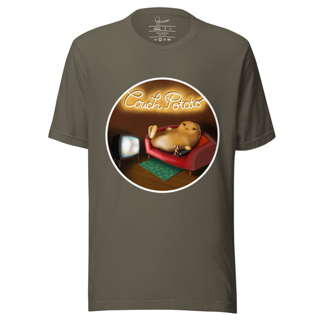 Olive green tee shown on a bodyform featuring a cute lazy potato relaxing on a couch in front of the TV