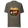 Olive green tee shown on a bodyform featuring a cute lazy potato relaxing on a couch in front of the TV