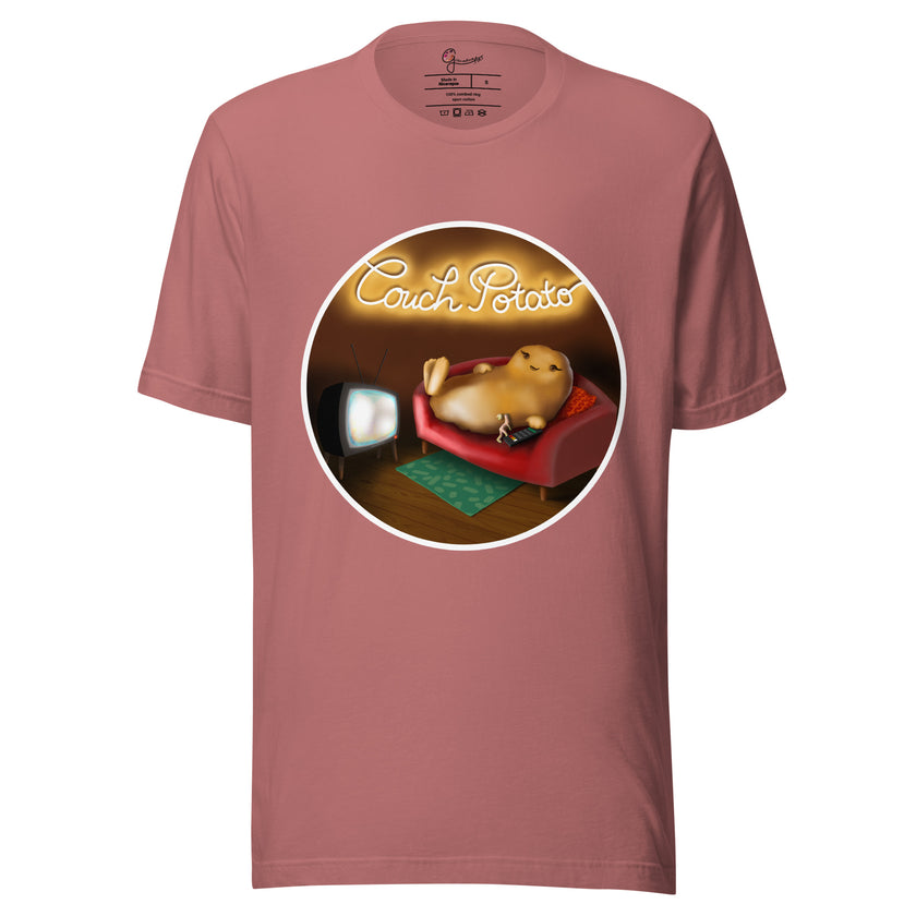 Rosewood tee on a bodyform with a funny couch potato illustration of a potato lounging on a sofa watching TV