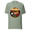 Sage green tee shown on a bodyform featuring a funny lazy potato relaxing on a couch in front of the TV