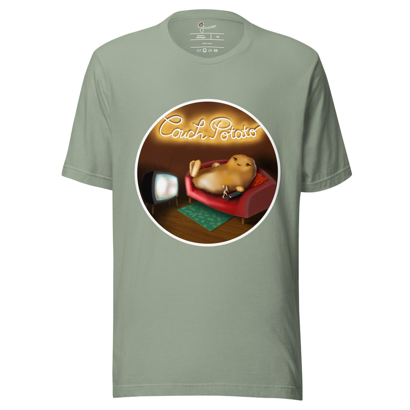 Sage green tee shown on a bodyform featuring a funny lazy potato relaxing on a couch in front of the TV