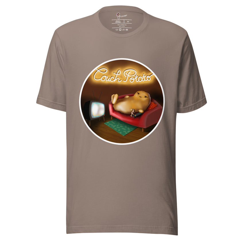 Taupe tee on a bodyform with a cute cartoon potato lying lazily on a sofa watching TV