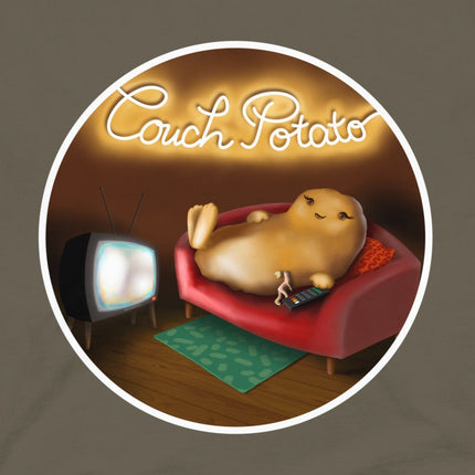 Closeup of a cute lazy potato lounging on a couch in front of the TV, printed on an olive green tee