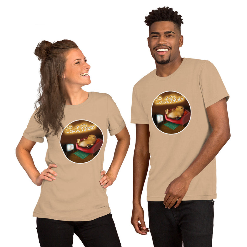 Model mockup of a beige tee with a cute couch potato illustration of a potato lying on a sofa watching TV