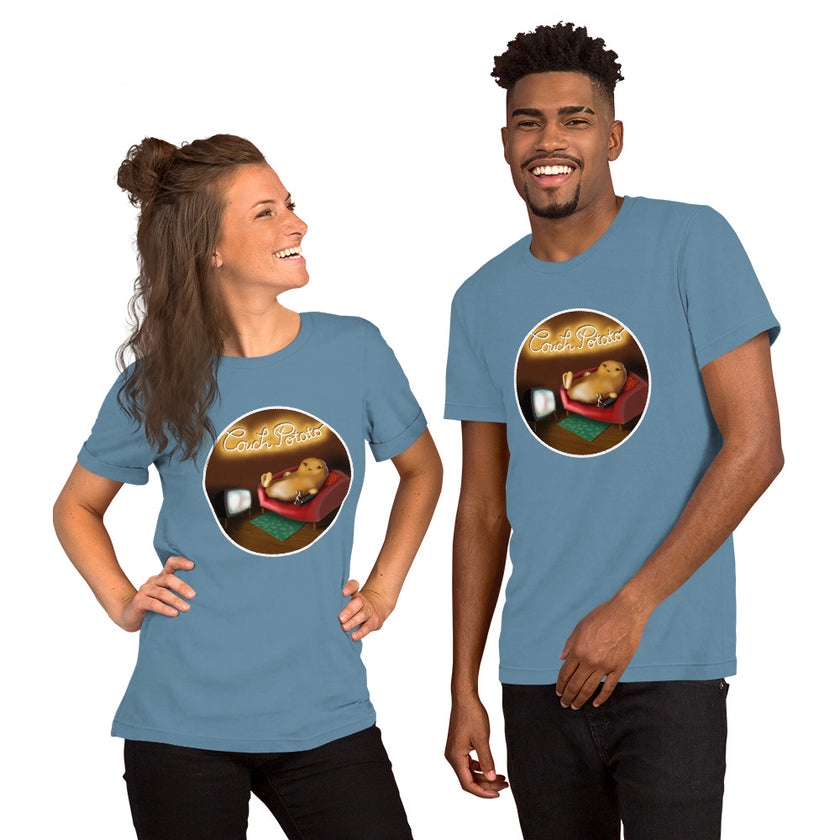 Model mockup of a denim blue tee featuring a kawaii lazy potato stretched out on a couch watching TV