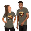 Model mockup of an olive green tee featuring a cute lazy potato lying on a couch watching TV