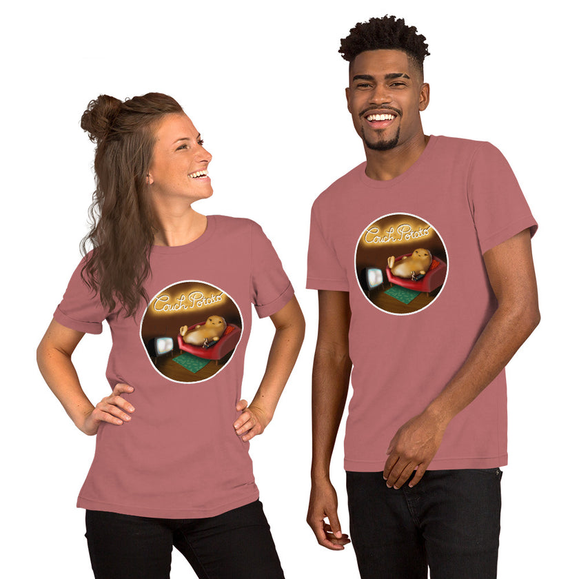 Model mockup of a rosewood tee with a funny couch potato illustration of a potato relaxing on a sofa in front of the TV