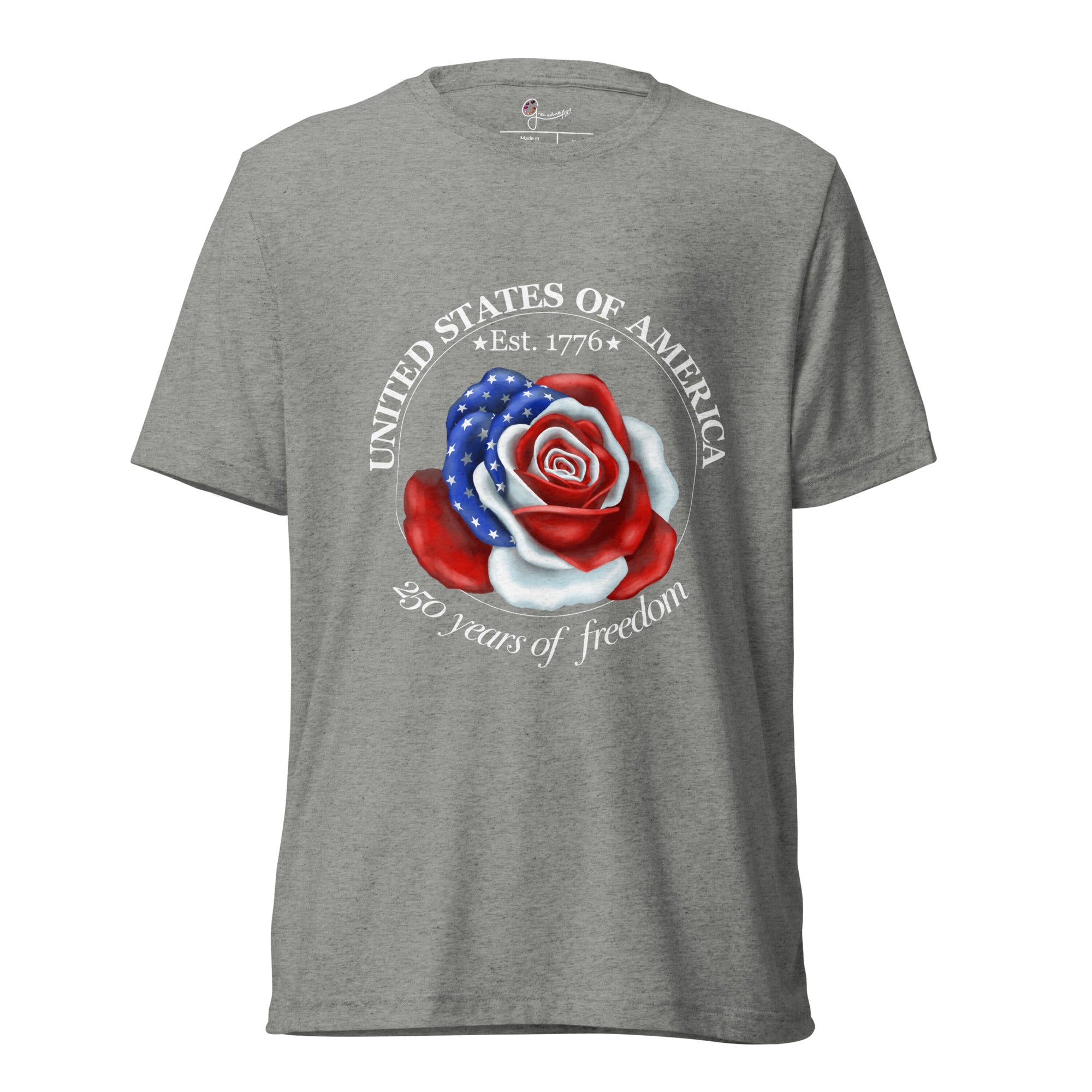 Heather grey tee featuring a rose illustration made from American flag colors, with red, white, and blue petals and white star accents, shown on a bodyform