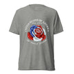 Heather grey tee featuring a rose illustration made from American flag colors, with red, white, and blue petals and white star accents, shown on a bodyform