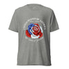Heather grey tee featuring a rose illustration made from American flag colors, with red, white, and blue petals and white star accents, shown on a bodyform