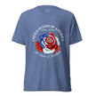 Vintage navy tee featuring a rose made of American flag colors with red, white, and blue petals and star details, shown on a bodyform