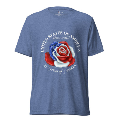 Vintage navy tee featuring a rose made of American flag colors with red, white, and blue petals and star details, shown on a bodyform