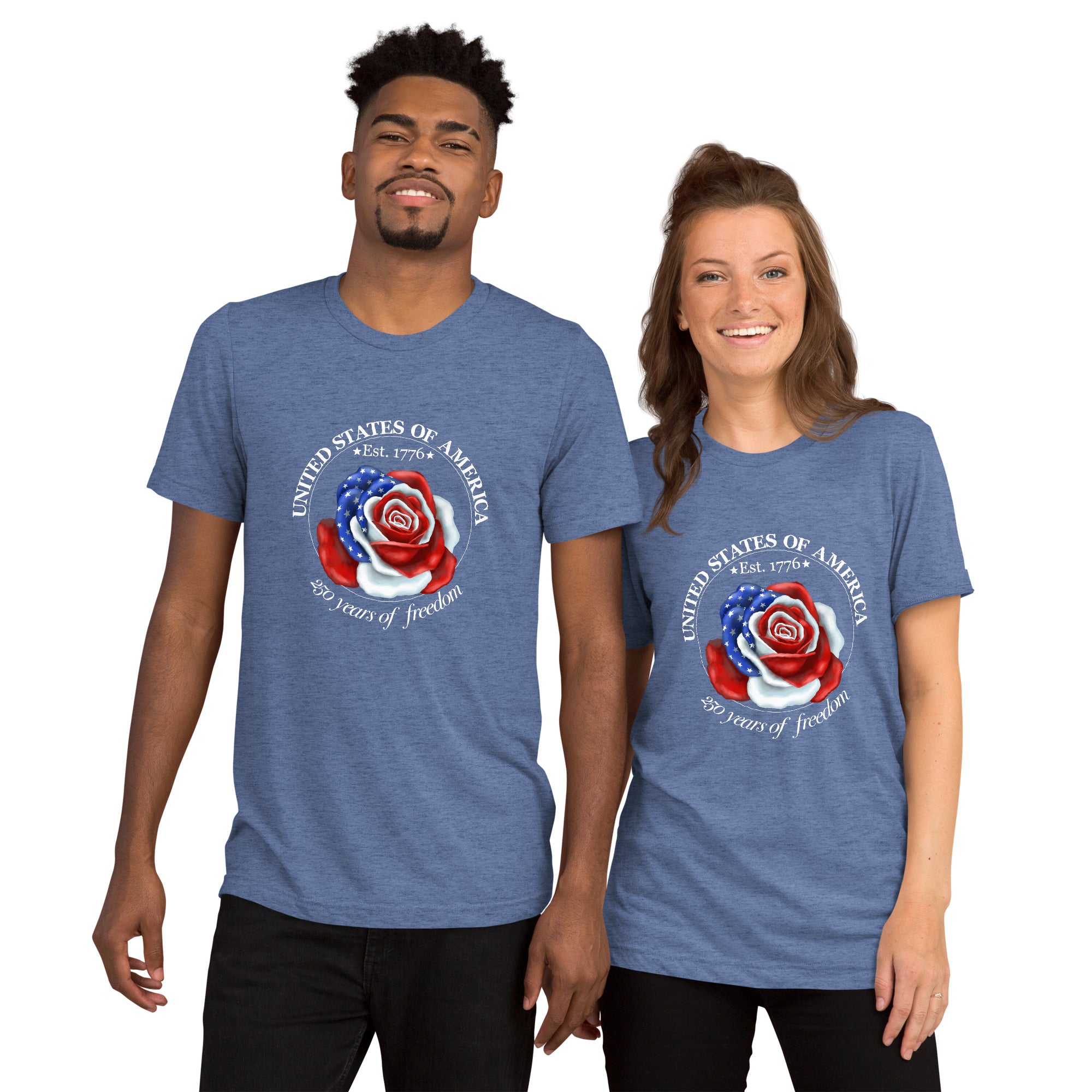 Model mockup of vintage navy Liberty Rose tee featuring a rose made of red, white, and blue flag‑inspired petals with white stars