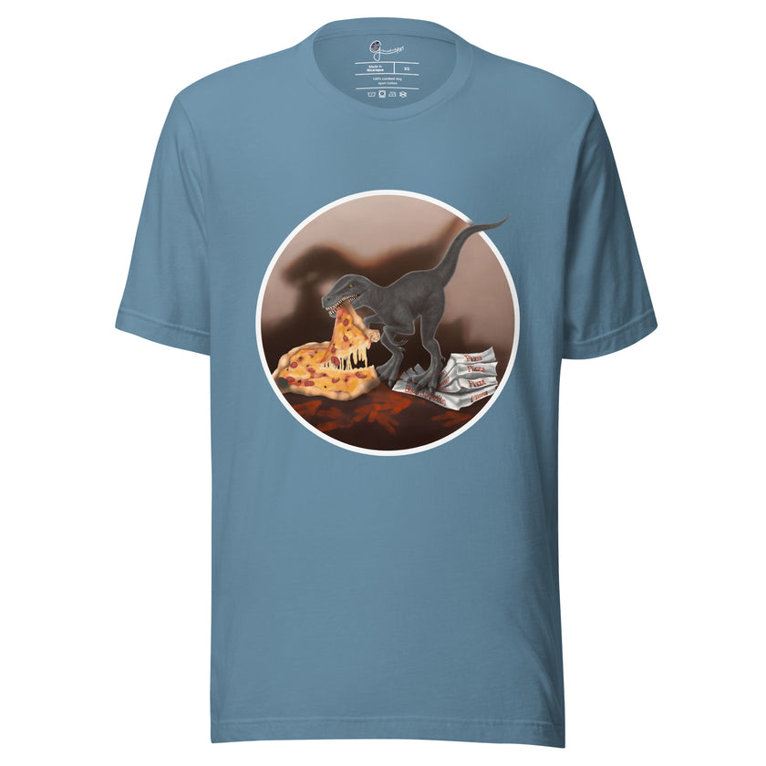 Denim blue tee with a fun dinosaur eating pizza graphic, shown on a bodyform