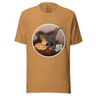Mustard yellow tee with a playful dinosaur grabbing pizza, shown on a bodyform