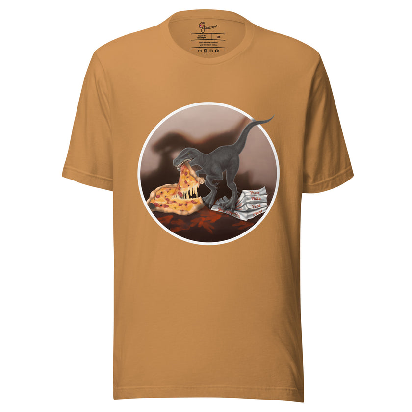 Mustard yellow tee with a playful dinosaur grabbing pizza, shown on a bodyform