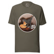 Olive green tee with a cartoon dinosaur stealing pizza, shown on a bodyform