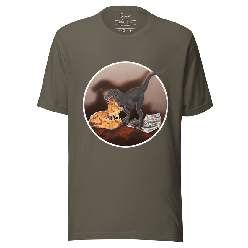 Olive green tee with a cartoon dinosaur stealing pizza, shown on a bodyform