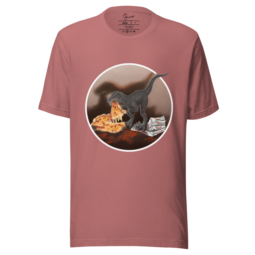 Rosewood tee with a cute dinosaur eating pizza graphic, shown on a bodyform