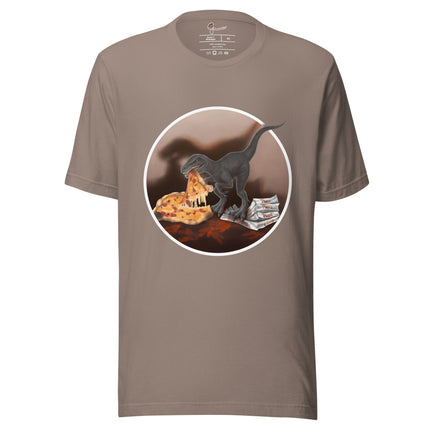 Taupe graphic tee featuring a cartoon dinosaur grabbing pizza, shown on a bodyform