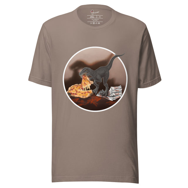Taupe graphic tee featuring a cartoon dinosaur grabbing pizza, shown on a bodyform