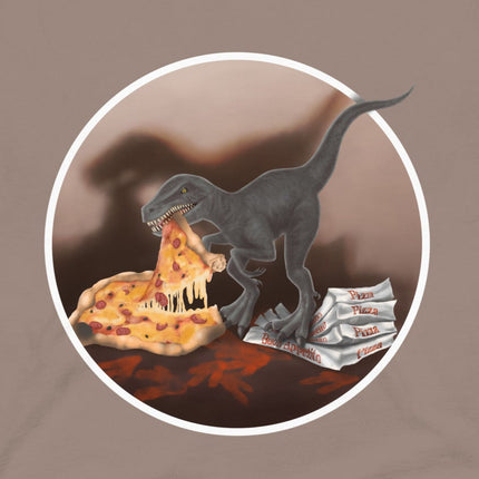 Closeup of a playful dinosaur stealing a slice of pizza on a taupe graphic tee