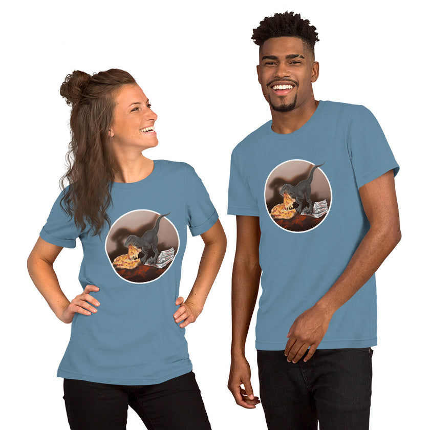 Model mockup of denim blue tee featuring a playful pizza‑loving dinosaur