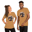 Model mockup of mustard yellow Pizza Raptor tee with dinosaur and pizza illustration