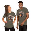 Model mockup of olive green Pizza Raptor tee with dinosaur and pizza artwork