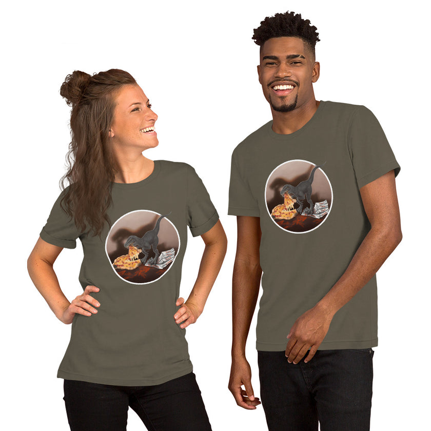 Model mockup of olive green Pizza Raptor tee with dinosaur and pizza artwork