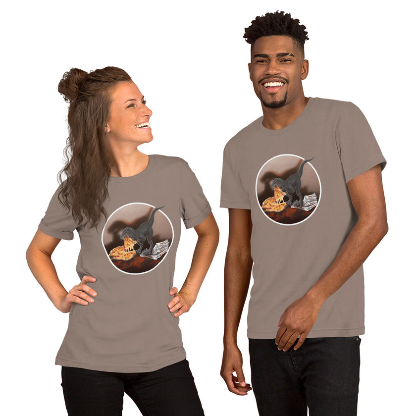 Model mockup of a taupe tee with a cute dinosaur eating pizza illustration