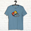 Denim blue Retro Vibes Cassette Tee displayed on a hanger, featuring the bold vintage cassette with its tape forming a heart shape.