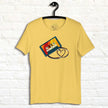 Bright yellow Retro Vibes Cassette Tee displayed on a hanger, featuring the bold vintage cassette and heart‑shaped tape design.