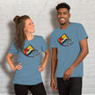 Two people wearing matching denim blue Retro Vibes Cassette Tees, featuring the bold retro cassette and heart‑shaped tape loop in a lifestyle setting.