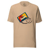 Beige tee featuring a colorful vintage cassette with tape shaped into a heart, shown on a bodyform