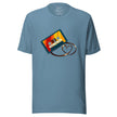 Denim blue tee featuring a bold retro cassette with colorful details and tape forming a heart shape, shown on a bodyform