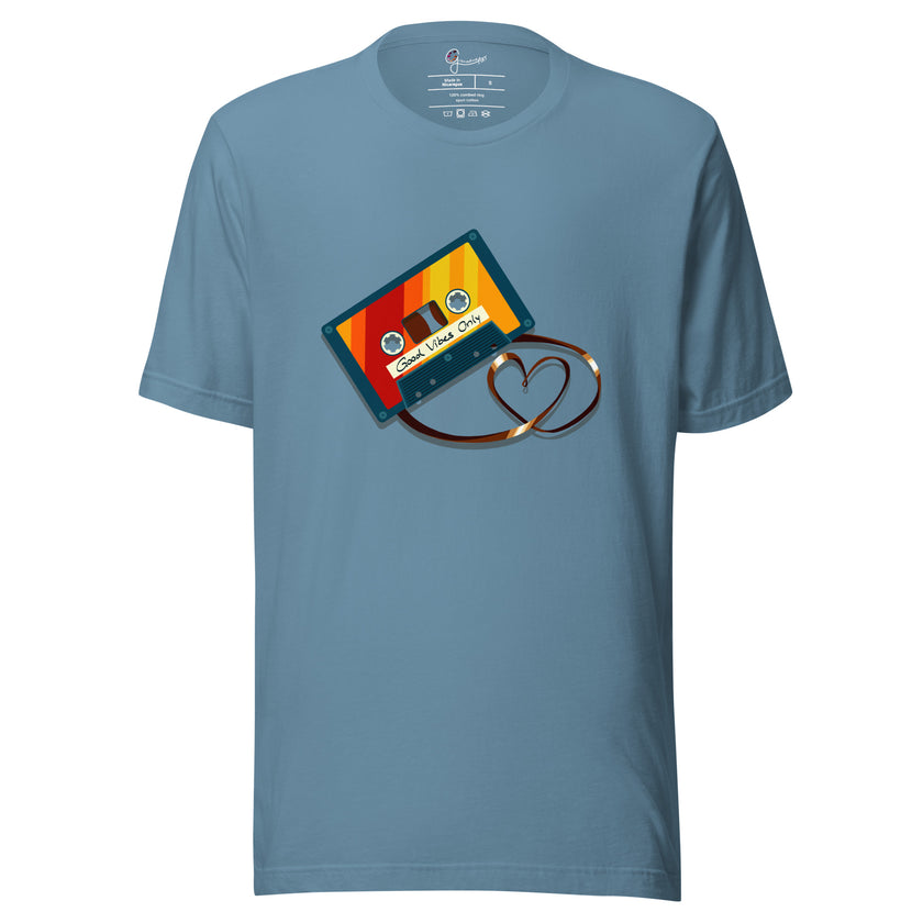 Denim blue tee featuring a bold retro cassette with colorful details and tape forming a heart shape, shown on a bodyform