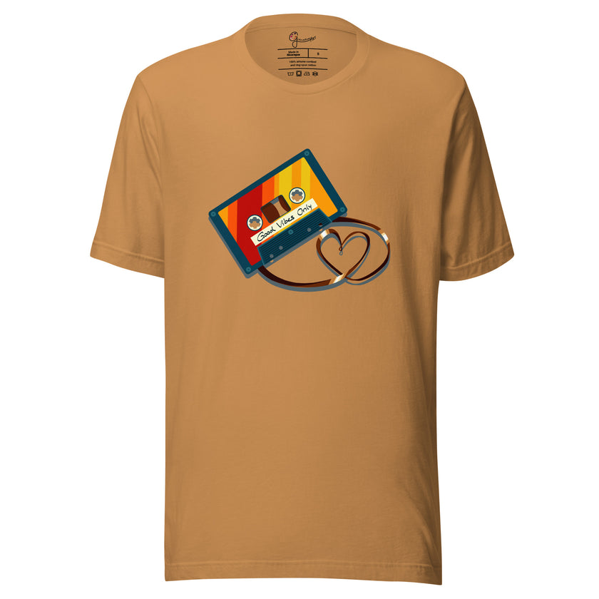 Mustard yellow tee featuring a colorful retro cassette with tape forming a heart shape, shown on a bodyform