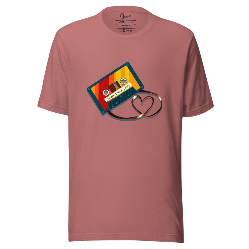 Rosewood tee featuring a retro cassette in bold vintage colors with tape forming a heart shape, shown on a bodyform