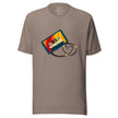 Taupe tee featuring a vibrant retro cassette illustration with its tape forming a heart shape, shown on a bodyform