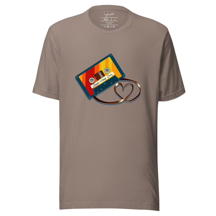 Taupe tee featuring a vibrant retro cassette illustration with its tape forming a heart shape, shown on a bodyform
