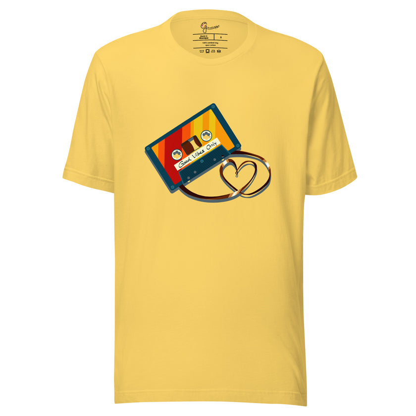 Bright yellow tee featuring a retro cassette in bold vintage colors with tape forming a heart shape, shown on a bodyform