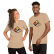 Model mockup of a beige tee with a bold retro cassette design and heart‑shaped tape loop