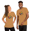 Model mockup of a mustard yellow tee with a bold vintage cassette and heart‑shaped tape loop