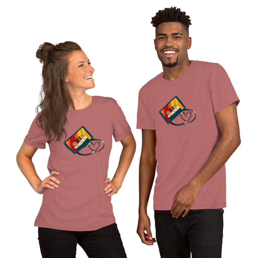 Model mockup of rosewood Retro Vibes Cassette tee featuring a vintage cassette with heart‑shaped tape