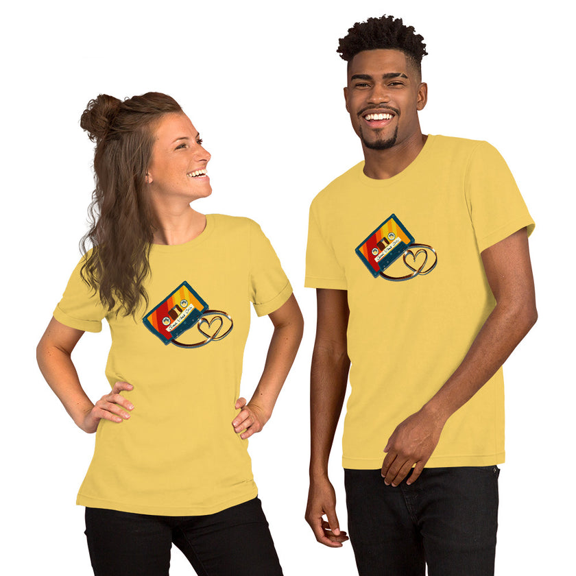 Model mockup of yellow Retro Vibes Cassette tee featuring a vintage cassette with heart‑shaped tape