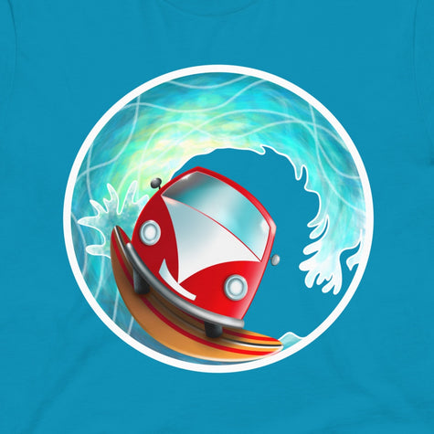 Thumbnail close-up of the Surfing Van design on an aqua blue tee, showing the retro camper van surfing a stylized wave in crisp white line art.