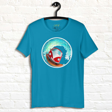 Aqua blue Surfing Van Tee displayed on a hanger, featuring the smiling retro camper van riding a surfboard inside a huge, stylized wave.