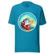 Aqua blue tee shown on a bodyform featuring a cute red camper van surfing a huge wave with the sun glowing through the water