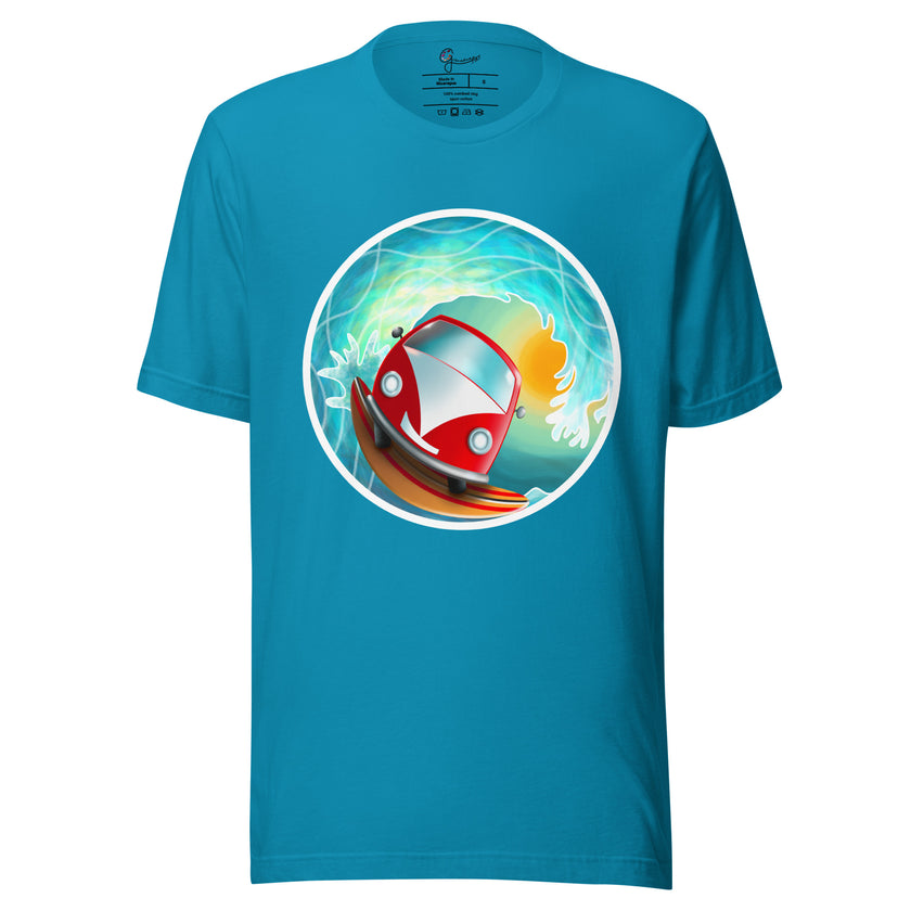 Aqua blue tee shown on a bodyform featuring a cute red camper van surfing a huge wave with the sun glowing through the water